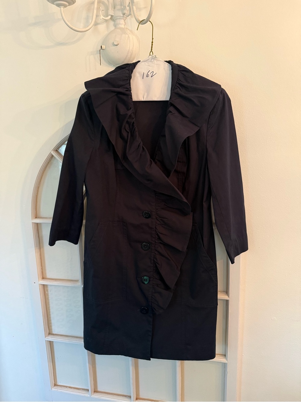CAbi "Pose" Navy Blue Ruffle Collar Trench Coat Jacket Cottagecore #6024 Sz S